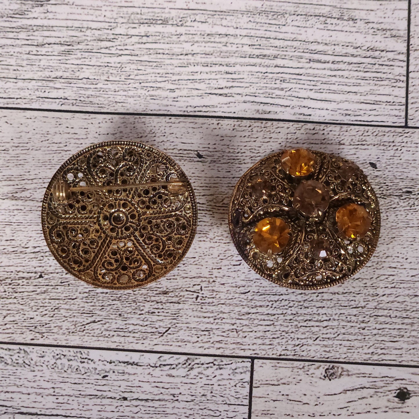 Exquisite Pair of Antique-Style Amber Rhinestone Brooches