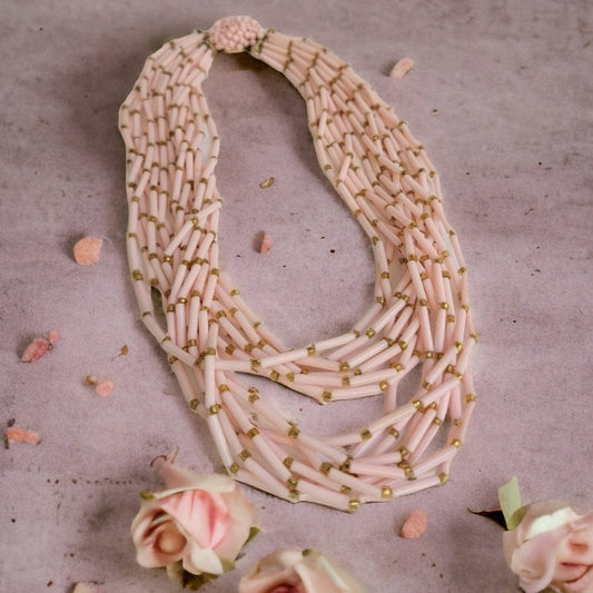 1960s Pink Multi-Strand Bead Necklace Vintage Hong Kong Jewelry GoldTone Spacers