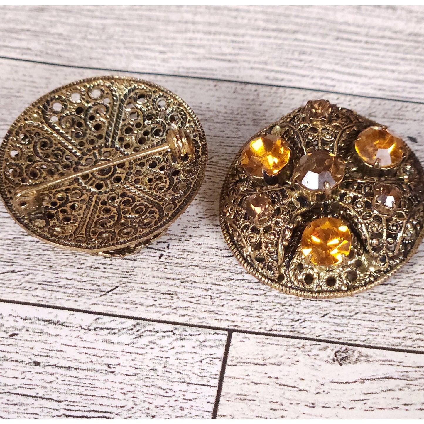 Exquisite Pair of Antique-Style Amber Rhinestone Brooches